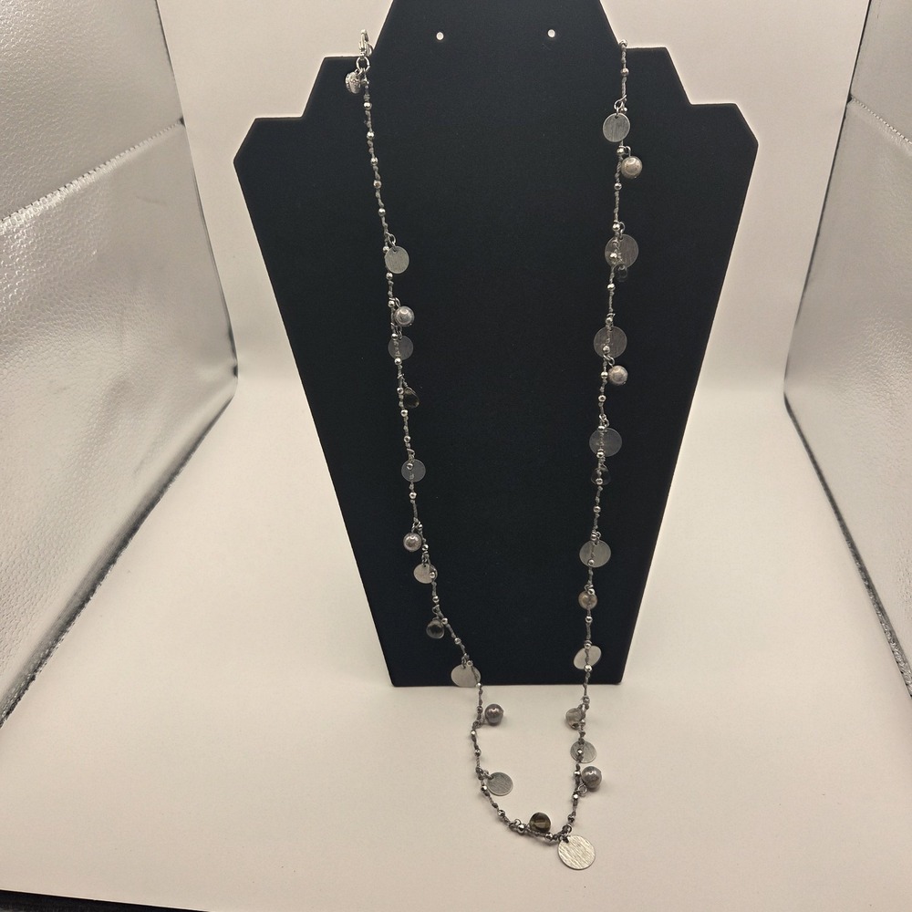 LOFT Silver Tone Beaded Necklace Grey Stones Disc Charms VTG